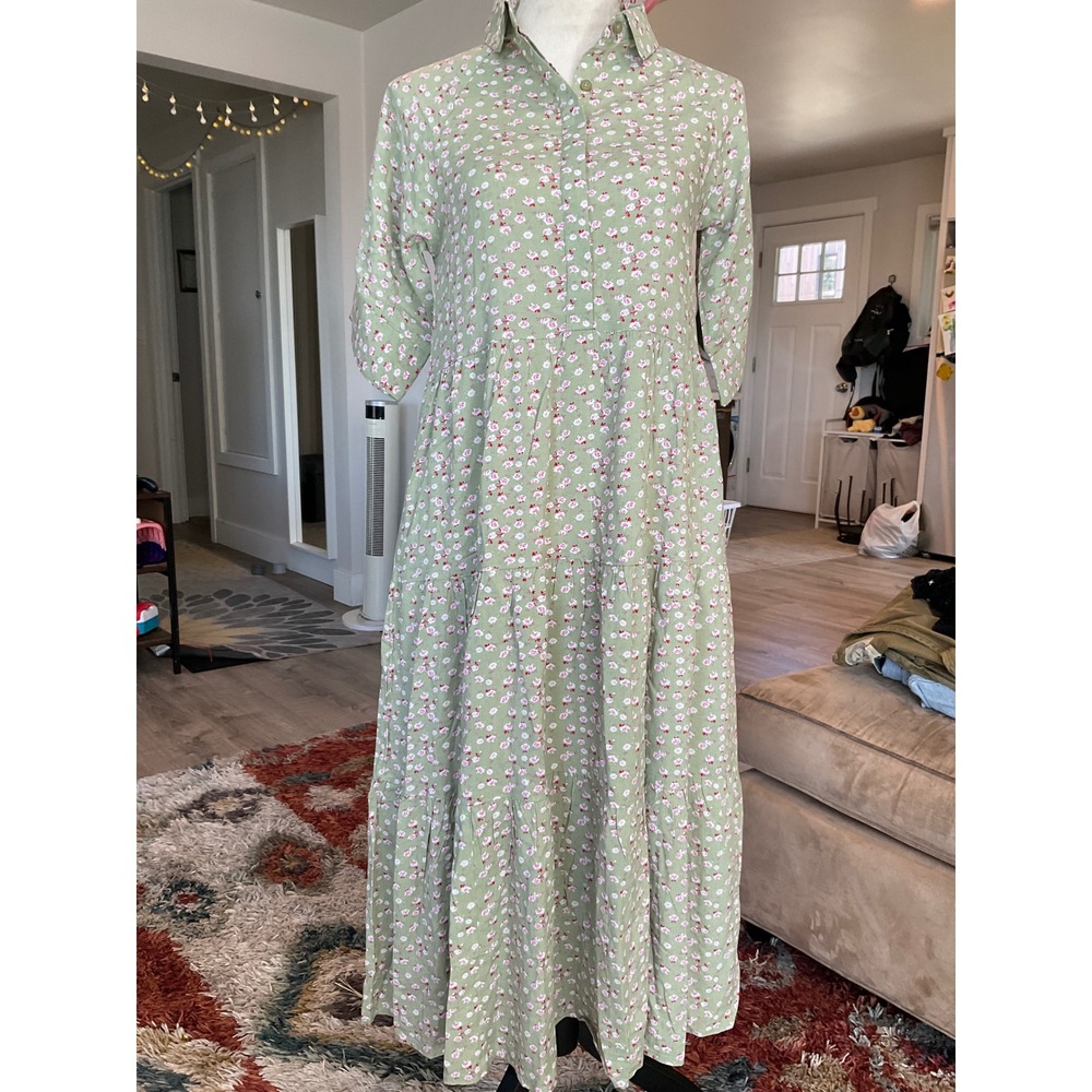 Ella Simone Sage Green Floral Tiered Maxi Dress Modest Cottagecore Petite Small